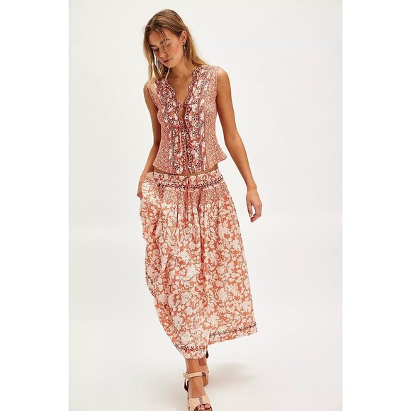 Free People Gesibelle Printed Top & Maxi Skirt Set Eyelet Embroidered L 279621 - Picture 1 of 9